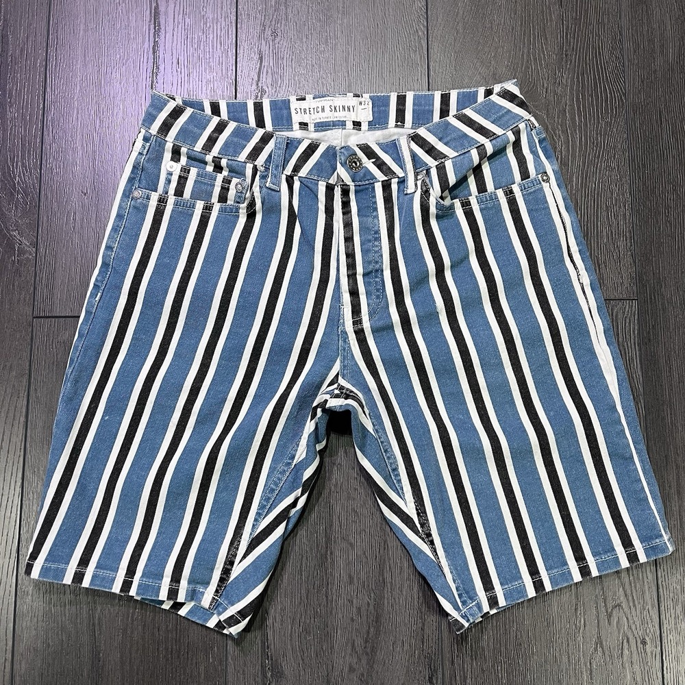 Topman Denim Jean Shorts Sz 32 Mens Stripes Stretch Slim Y2K Retro Preppy 30x10